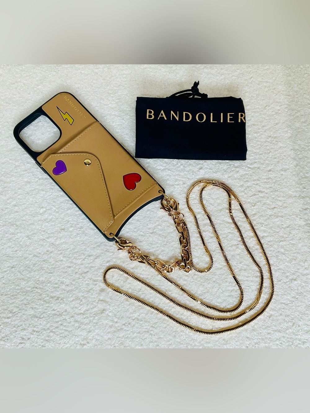 Bandolier Gia Duet Crossbody Phone Case with Wristlet in Electric Heart/Tan/Gold